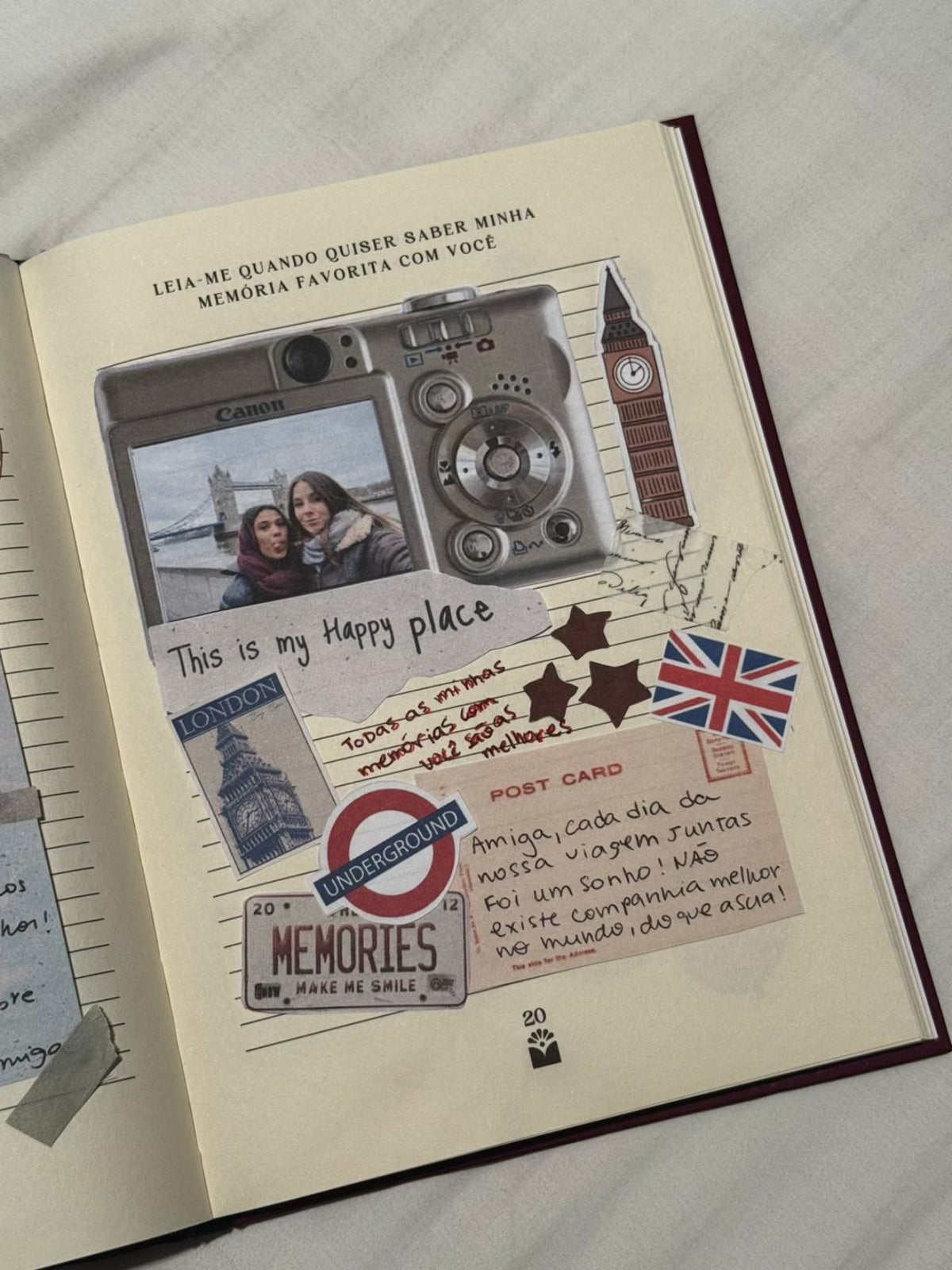 Página 20 do livro Amiga preenchida, “Quando quiser saber minha memória favorita com você”: uma câmera de papel com a foto de uma viagem e adesivos de Londres