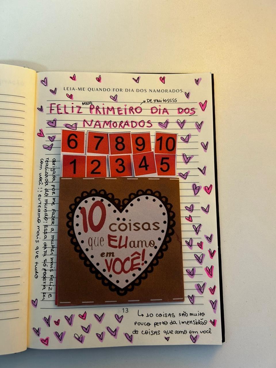 Página 13 do Leia-me quando preenchida, “Quando for Dia dos Namorados”: “10 coisas que eu amo em você” num coração, com números de 1 a 10