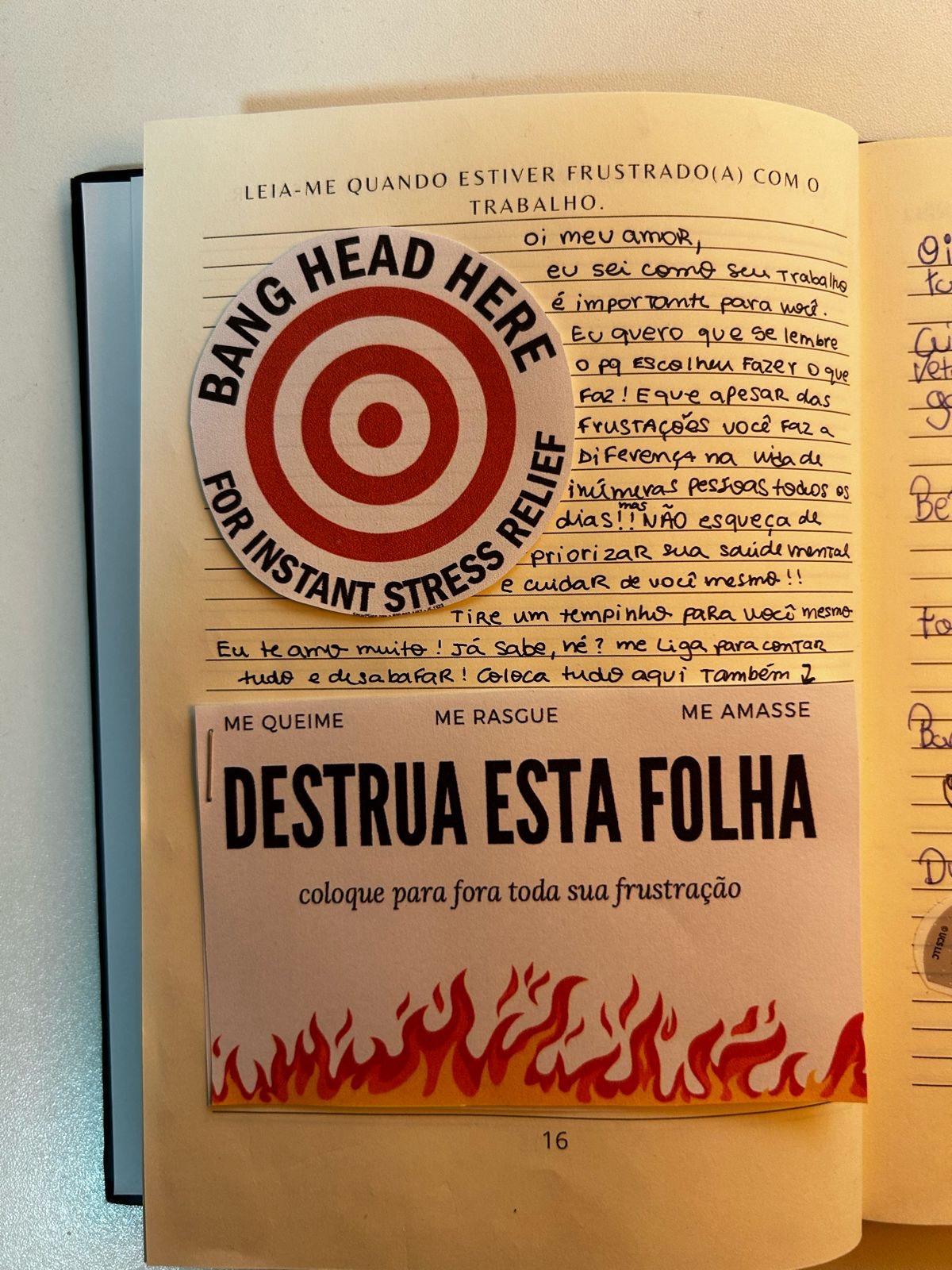 Página 16 do Leia-me quando preenchida, “Quando estiver frustrado(a) com o trabalho”: um alvo de papel e uma folha de “destrua esta folha”