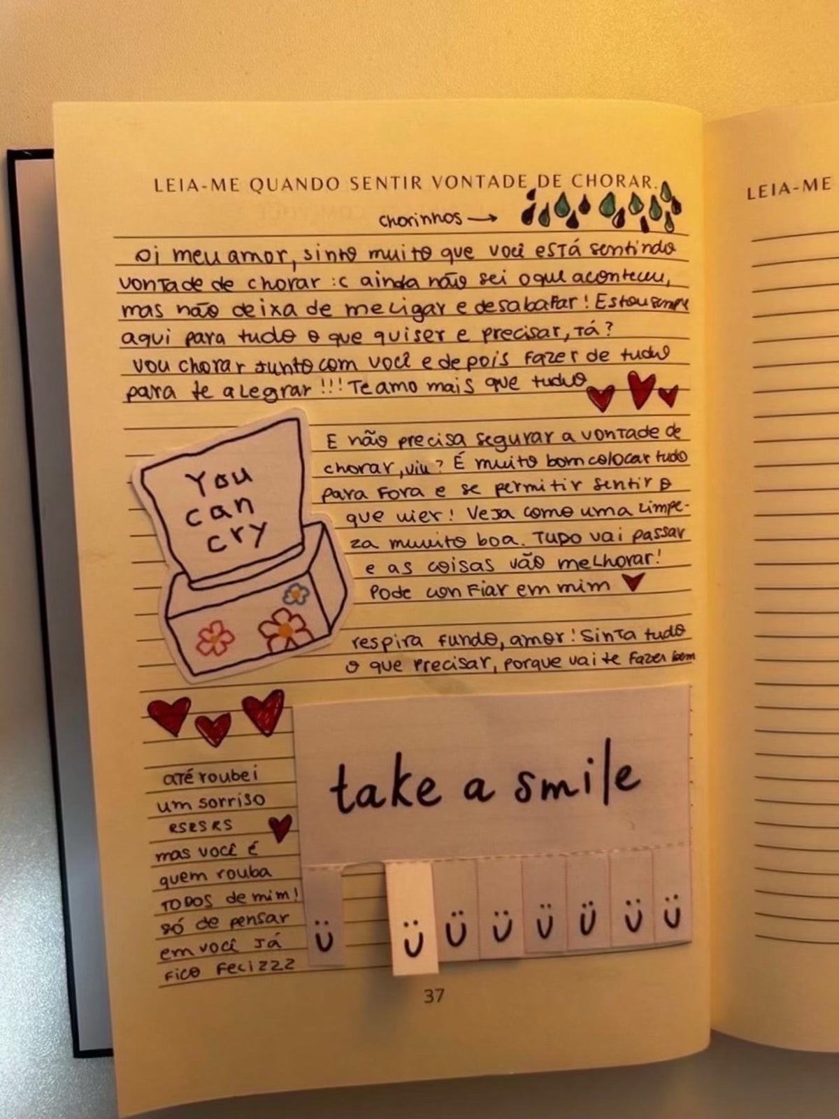 Página 37 do Leia-me quando preenchida, “Quando sentir vontade de chorar”: uma caixinha de lenços desenhada e sorrisos de destacar